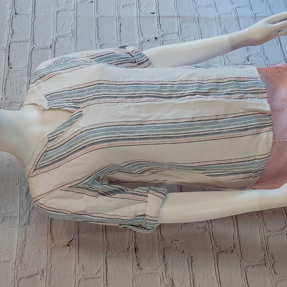Christopher & Banks Linen Shirt Sunset Stripe Roll Tab Sleeve Top S Small Petite